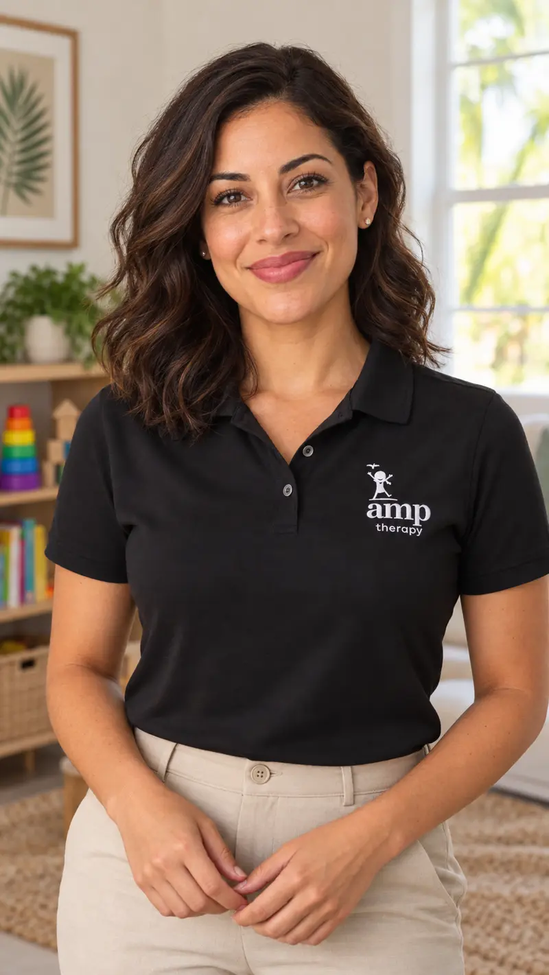 Elena, AMP's Board Certified Behavior Analyst character, smiling in a family playroom