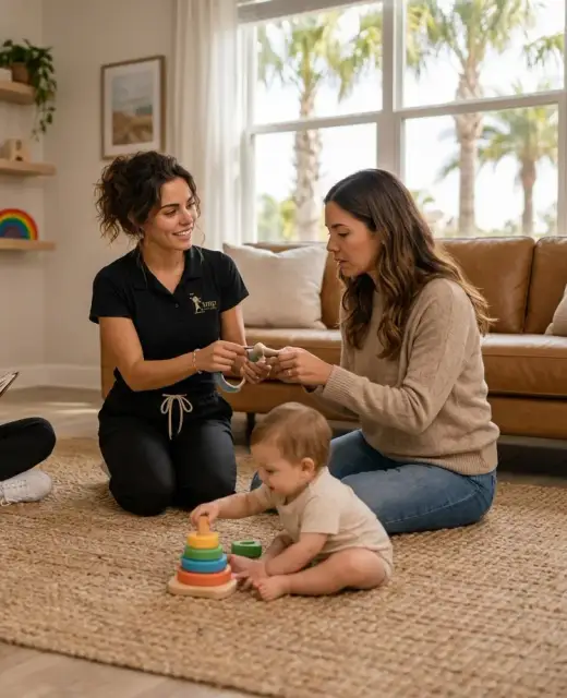 AMP early intervention specialists playing with a baby on the living room floor