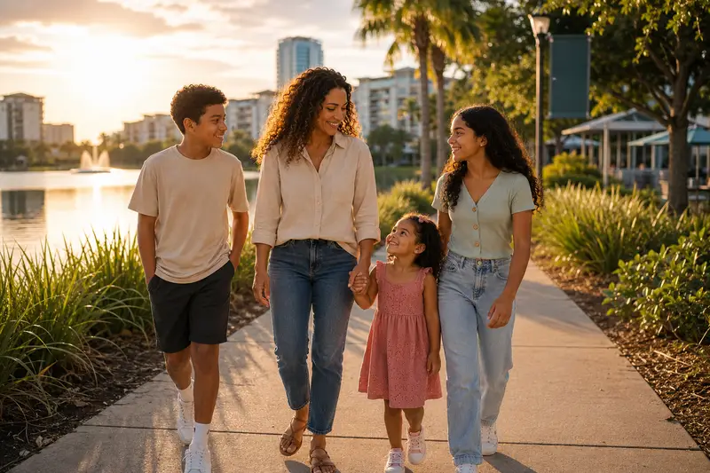 An AMP therapist walking with a family in Central Florida
