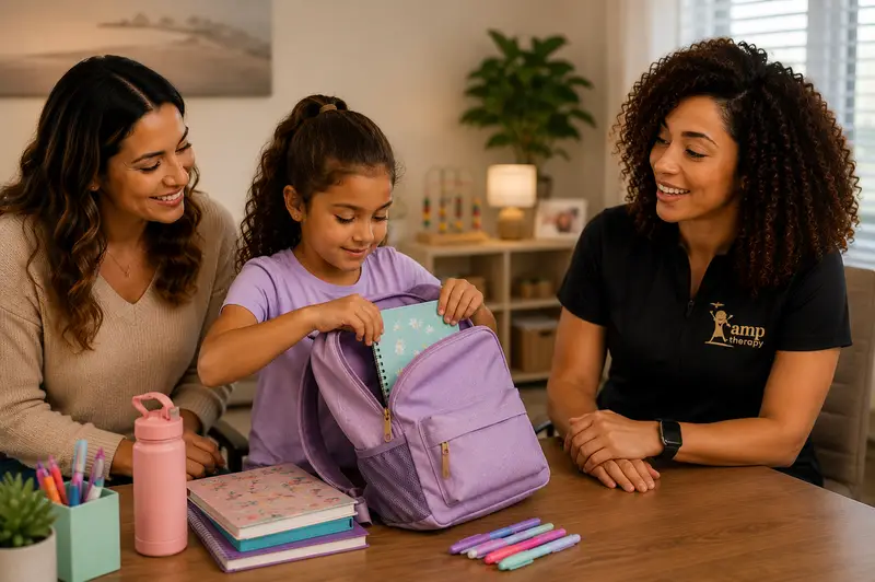 Ariana helping a girl organize her school backpack while her mom watches