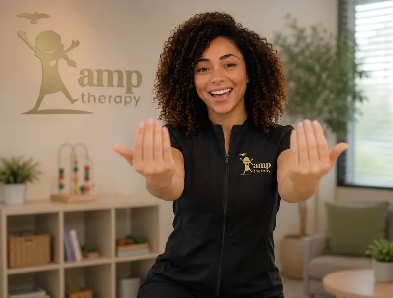 Ariana, AMP's occupational therapist character, smiling and reaching out with open hands