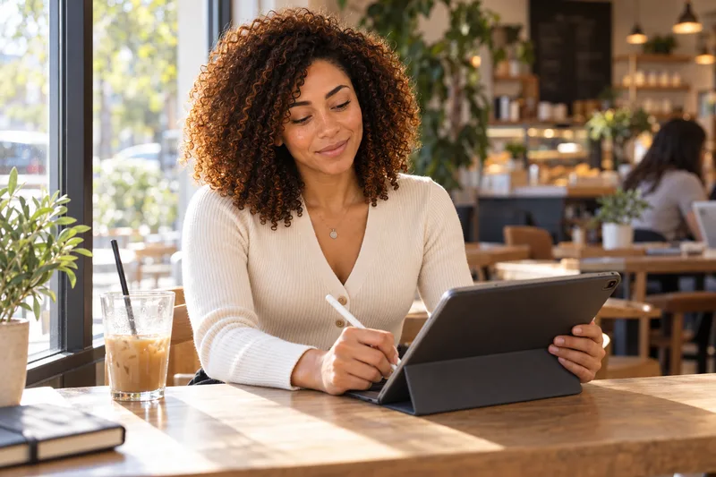 Ariana finishing her notes on a tablet at a sunny café