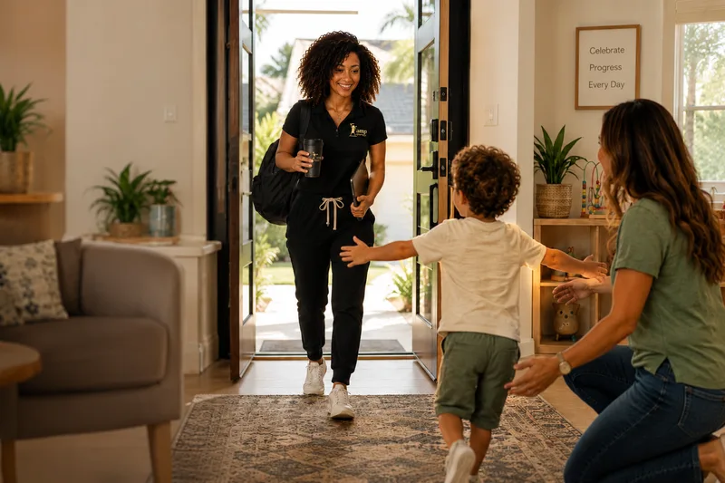 A boy running to greet Ariana as she arrives at his home