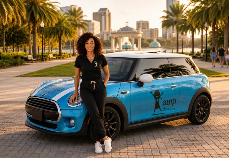 Ariana leaning on the AMP Mini by Lake Eola in downtown Orlando