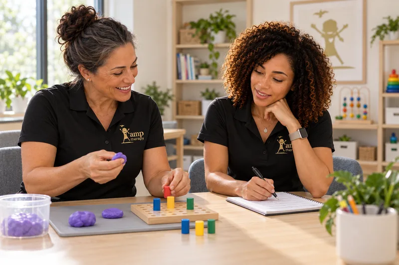 A senior AMP occupational therapist showing Ariana a pegboard and putty activity while she takes notes