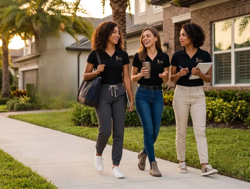 Ariana walking and laughing with two AMP teammates through a Florida neighborhood