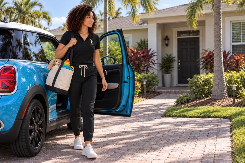 Ariana stepping out of the AMP Mini with a tote bag of therapy toys