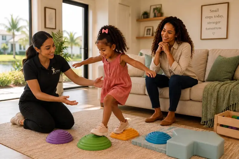 Sara, AMP's physical therapist character, guiding a girl across balance stones in her living room