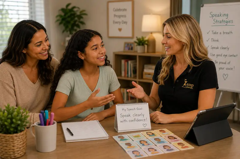 Kim, AMP's speech therapist character, working with a girl and her mother at the kitchen table