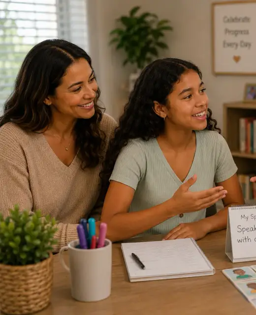 Kim, AMP speech therapist, at a kitchen table with a girl and her mother
