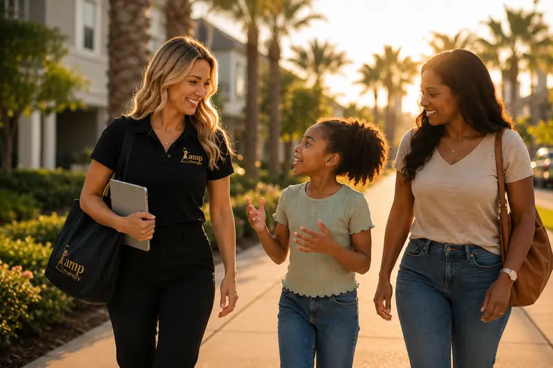 An AMP speech therapist walking with a family