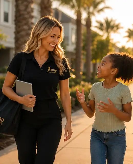 Kim, AMP speech therapist, walking with a family